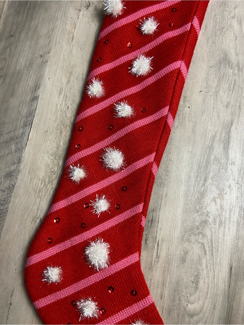 Red Pink Striped Holiday Stocking with Pom Poms and sequins - Picture 5 of 8
